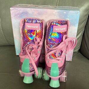 Vibrant Pink Roller Skates with Mint Green Wheels